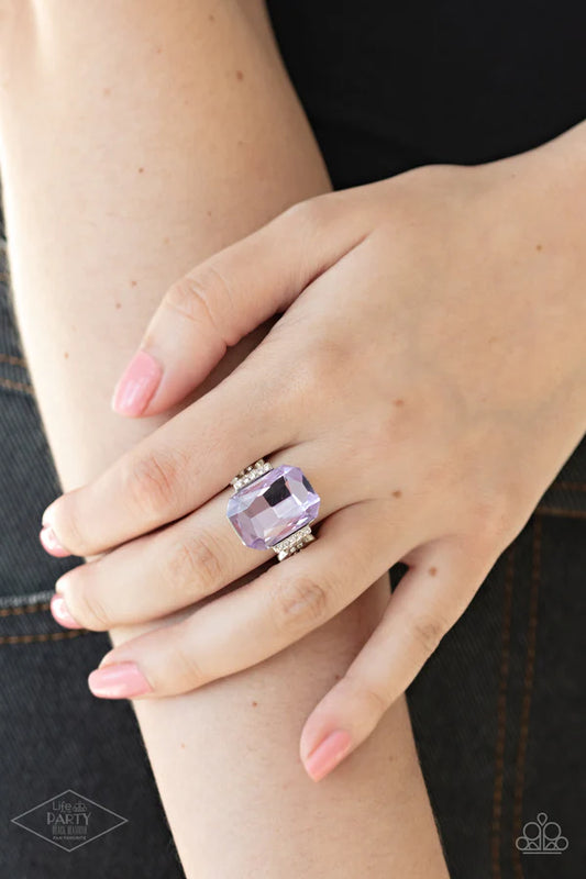 You Can COUNTESS On Me - Purple Regal Emerald Cut Dramatically Oversized Gem Flanked Silver Frames White Encrusted Refined Flair Ring R#1197