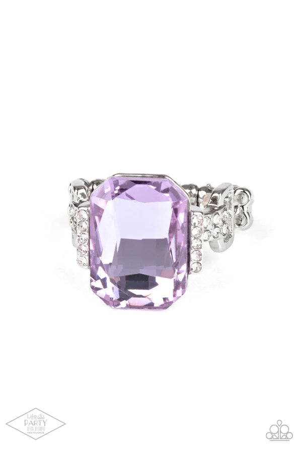 You Can COUNTESS On Me - Purple Regal Emerald Cut Dramatically Oversized Gem Flanked Silver Frames White Encrusted Refined Flair Ring R#1197