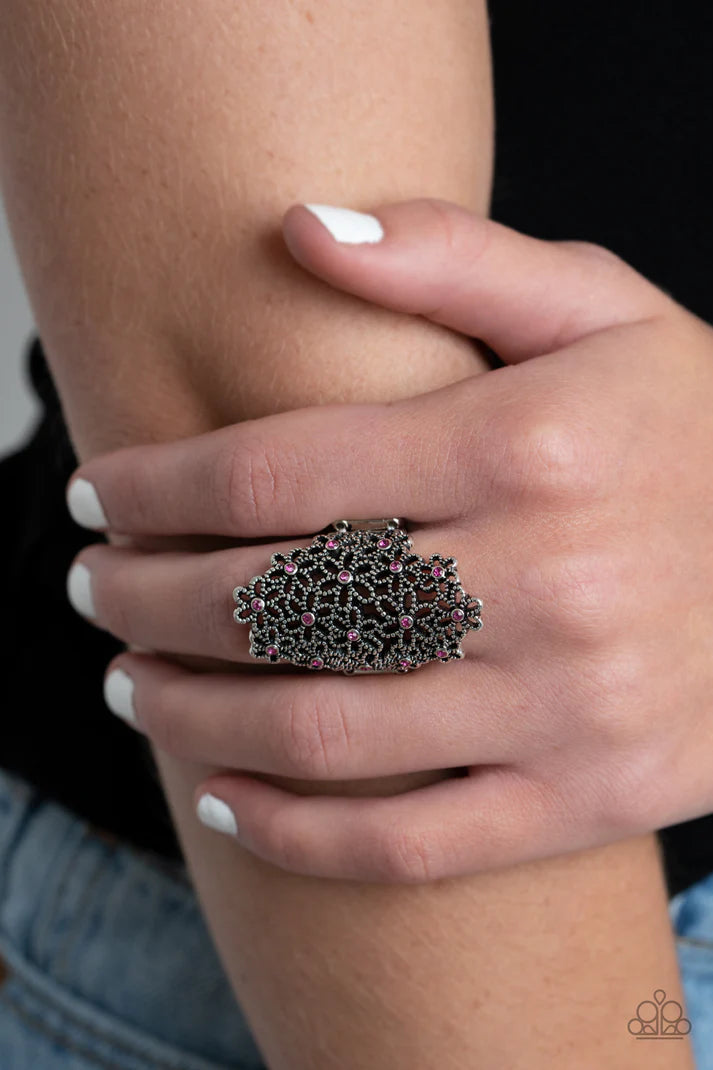 Youre a Sunflower - Oversized Pink Dotted Encrusted 3D Bouquet Flower Bloom Ring R#028
