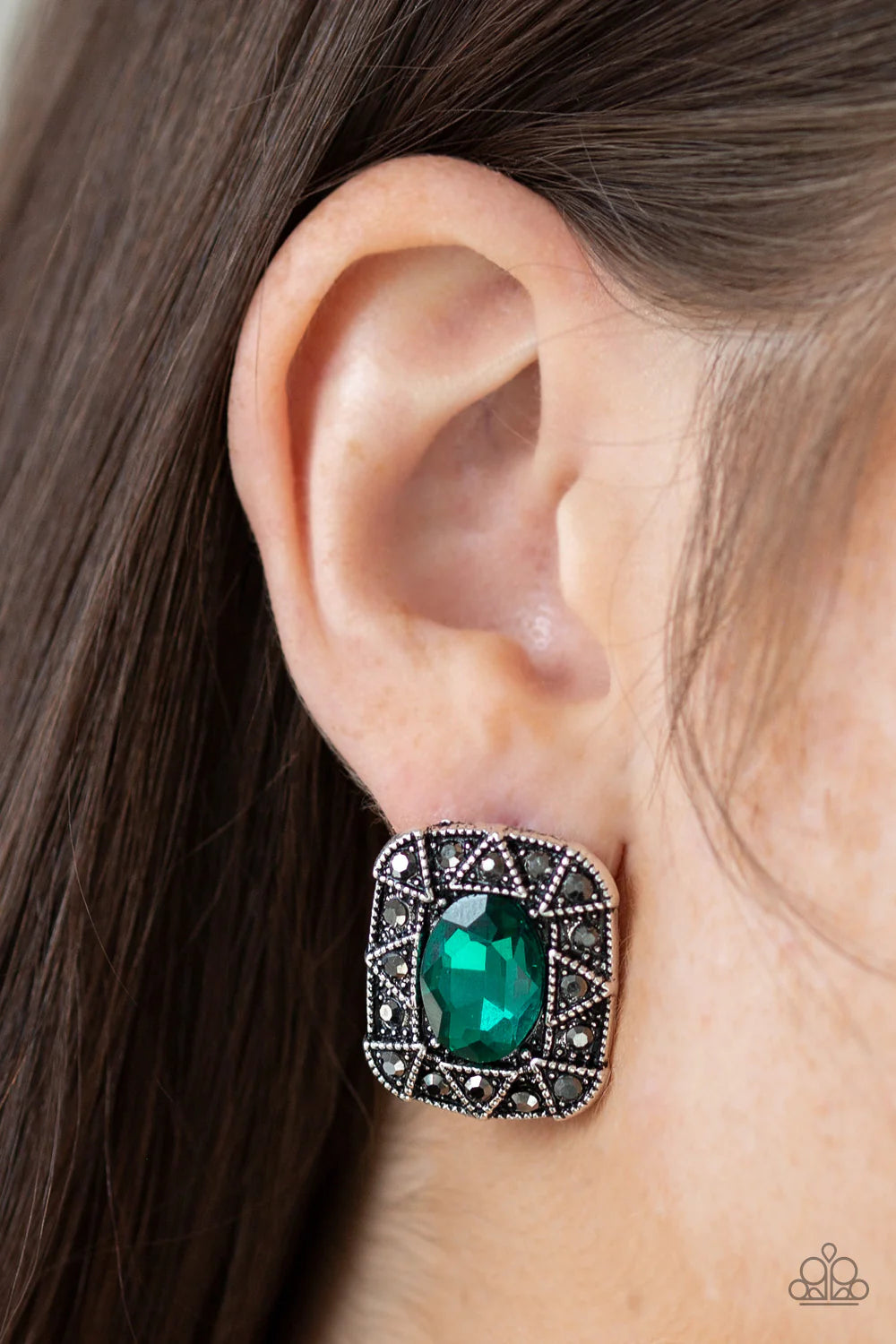 Young Money - Green Oval/Square/Triangular Hematite Encrusted Earrings E#820