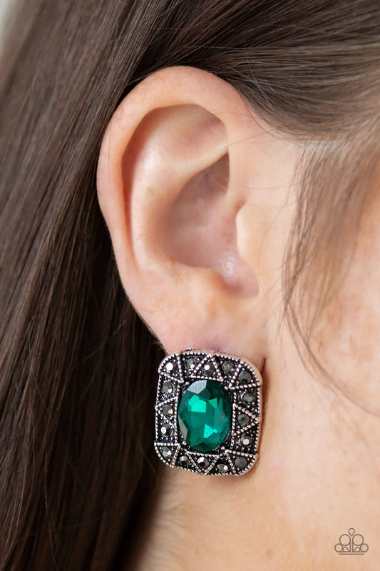 Young Money - Green Oval/Square/Triangular Hematite Encrusted Earrings E#820