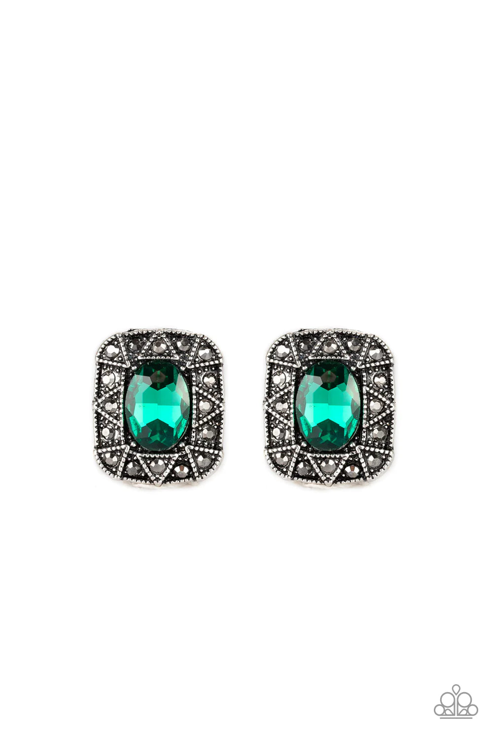 Young Money - Green Oval/Square/Triangular Hematite Encrusted Earrings E#820