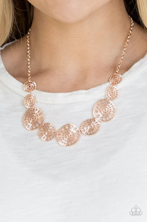 Your Own Free WHEEL - Rose Gold Airy Asymmetrical Stenciled Discs Link Necklace N#2042