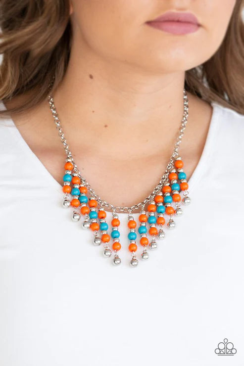 Your SUNDAES Best - Orange (Orange/Blue/Silver) Metallic Rods Fringe Necklace N#1921
