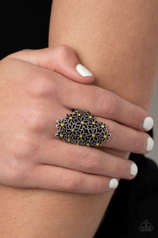 Youre a Sunflower - Oversized Yellow Dotted Encrusted 3D Bouquet Flower Bloom Ring R#875