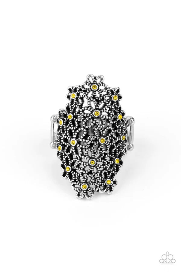 Youre a Sunflower - Oversized Yellow Dotted Encrusted 3D Bouquet Flower Bloom Ring R#875