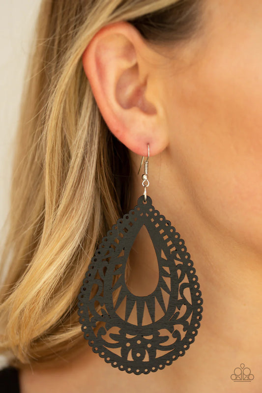 Zesty Zen - Oversized Black Airy Filigree Swirl Wood Teardrop Earrings E#016