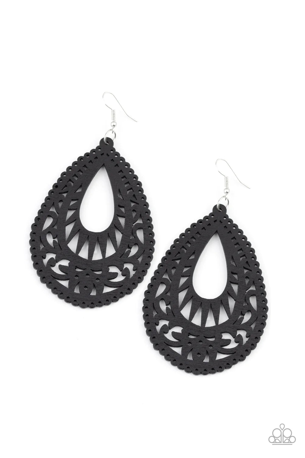 Zesty Zen - Oversized Black Airy Filigree Swirl Wood Teardrop Earrings E#016