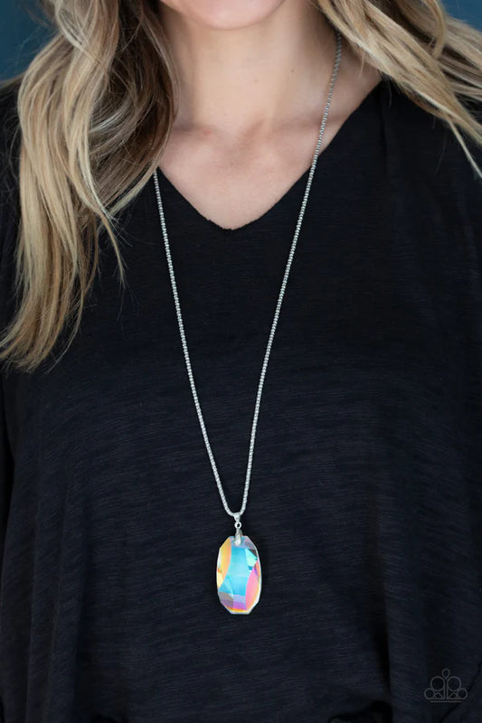 Gemstone Grandeur - Oversized Multi Metallic Backing Iridescent (Catches/Refracts the Light) Dotted Encrusted Faceted Raw Cut Popcorn Chain Necklace N#421